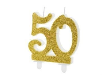 Świeczka urodzinowa - Liczba 50 - Brokatowa - Złota - 7.5 cm