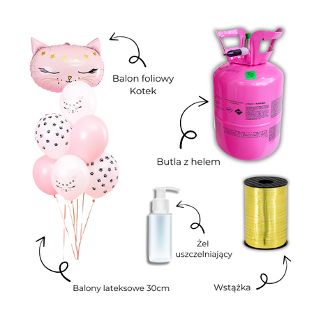 Zestaw KOTEK - 7 balonów, Wstążka, Uszczelniacz, Butla z helem