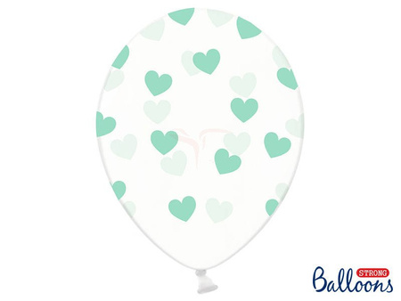 Balony Strong 30cm, Crystal Clear, Miętowe Serca - 6 sztuk