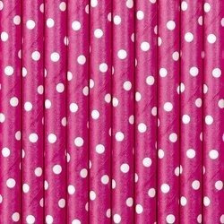Słomki papierowe, Ciemnoróżowe w białe kropki - 19.5 cm - 10 sztuk