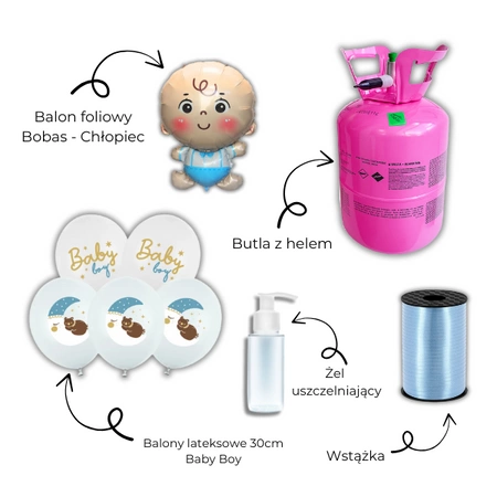 Zestaw BABY BOY - 7 balonów + Wstążka + Uszczelniacz + Butla z helem