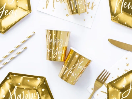 Kubeczki papierowe - Happy New Year - Złote - 220ml - 6 sztuk