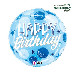 Balon foliowy 46cm - Okrągły - Happy Birthday - Niebieski - Kropki
