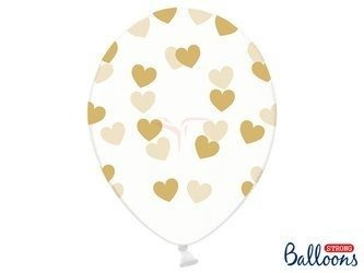 Balony Strong 30cm, Crystal Clear, Złote Serca - 50 sztuk