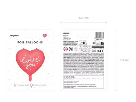 Balon foliowy, Serce, I Love You, Czerwony - 45 cm