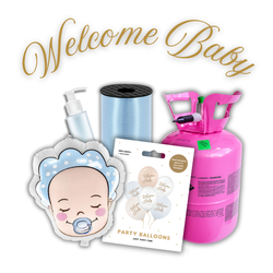 Zestaw WELCOME BABY, CHŁOPIEC - 7 balonów, Wstążka, Uszczelniacz, Butla z helem