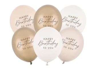 Balony 30cm - Happy Birthday - Beżowy - 6 sztuk