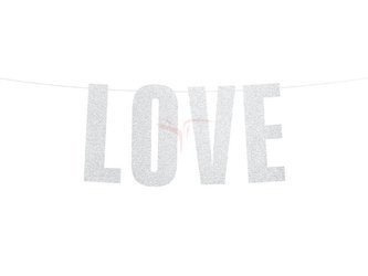 Baner papierowy, Love, Srebrny, Brokatowy - 21 x 55 cm