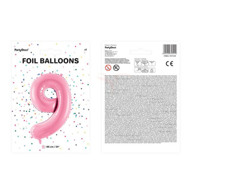 Balon foliowy, Cyfra "9", Różowy - 86cm 