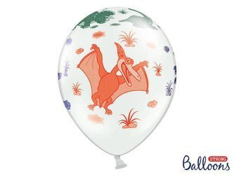 Balony lateksowe 30cm, Białe, Dinozaury - 50 sztuk