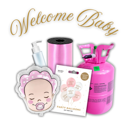 Zestaw WELCOME BABY, DZIEWCZYNKA - 7 balonów,  Wstążka + Uszczelniacz + Butla z helem