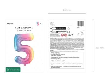 Balon foliowy - Cyfra 5 - Kolorowa - 86cm