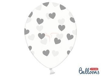 Balony Strong 30cm, Crystal Clear, Srebrne Serca - 6 sztuk