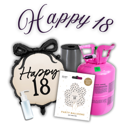 Zestaw HAPPY 18 - 7 balonów, Wstążka, Uszczelniacz, Butla z helem