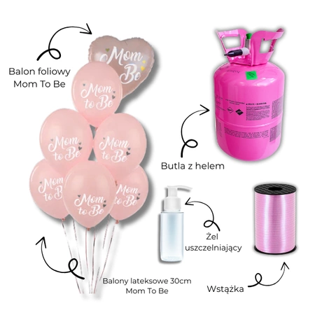 Zestaw MOM TO BE, DZIEWCZYNKA - 7 balonów, Wstążka, Uszczelniacz, Butla z helem