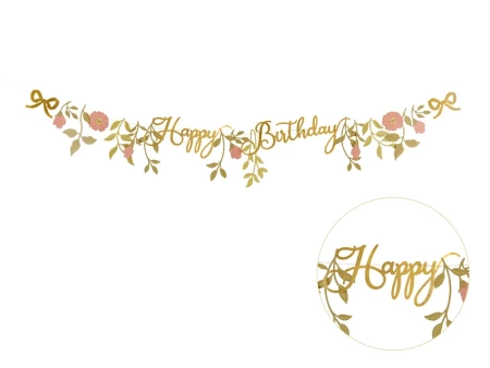  Baner - Happy Birthday - Kwiaty - Różowo-złoty - 1.3m - 1 szt.