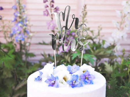 Topper na tort, Mr & Mrs, Srebrne - 25,5 cm 