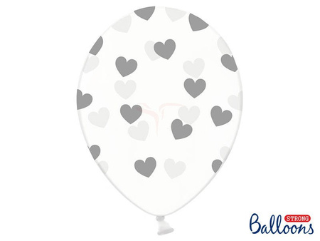 Balony Strong 30cm, Crystal Clear, Srebrne Serca - 6 sztuk