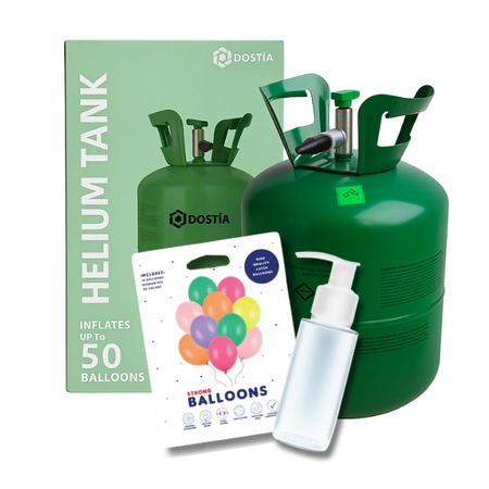 Butla z helem do 50 balonów, DOSTIA - 13.3L - 0.40 m3 + Uszczelniacz 50ml + Balony 23cm 