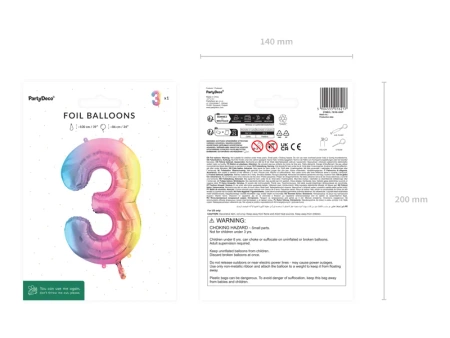 Balon foliowy - Cyfra 3 - Kolorowa - 86cm