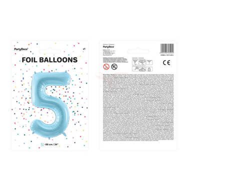 Balon foliowy, Cyfra "5", Jasnoniebieski - 86cm 