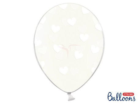 Balony Strong 30cm, Crystal Clear, Białe Serca - 6 sztuk