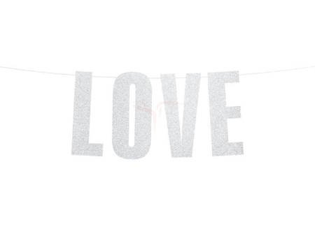 Baner papierowy, Love, Srebrny, Brokatowy - 21 x 55 cm